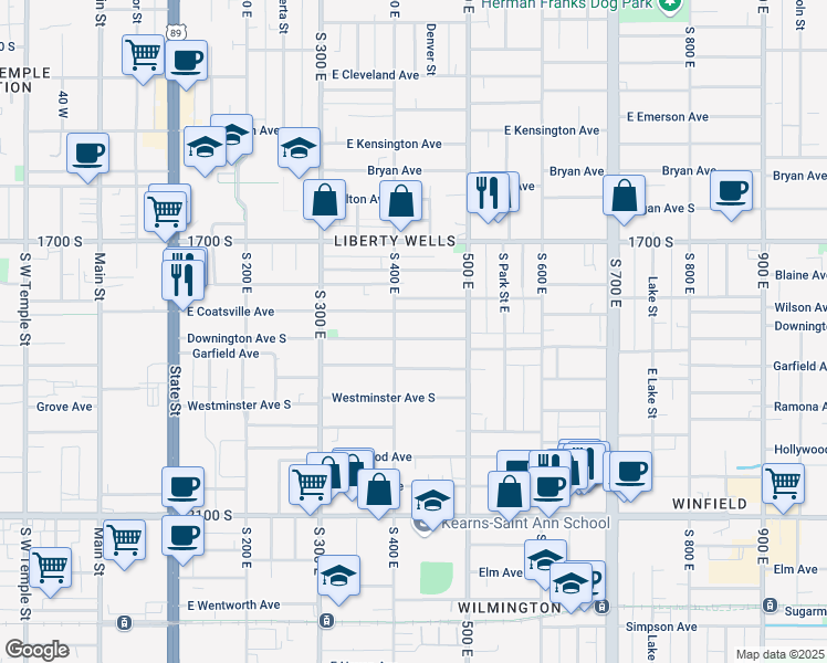 map of restaurants, bars, coffee shops, grocery stores, and more near 419 Downington Avenue South in Salt Lake City