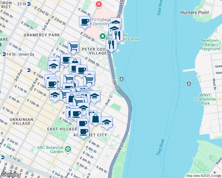 map of restaurants, bars, coffee shops, grocery stores, and more near 309 Avenue C in New York