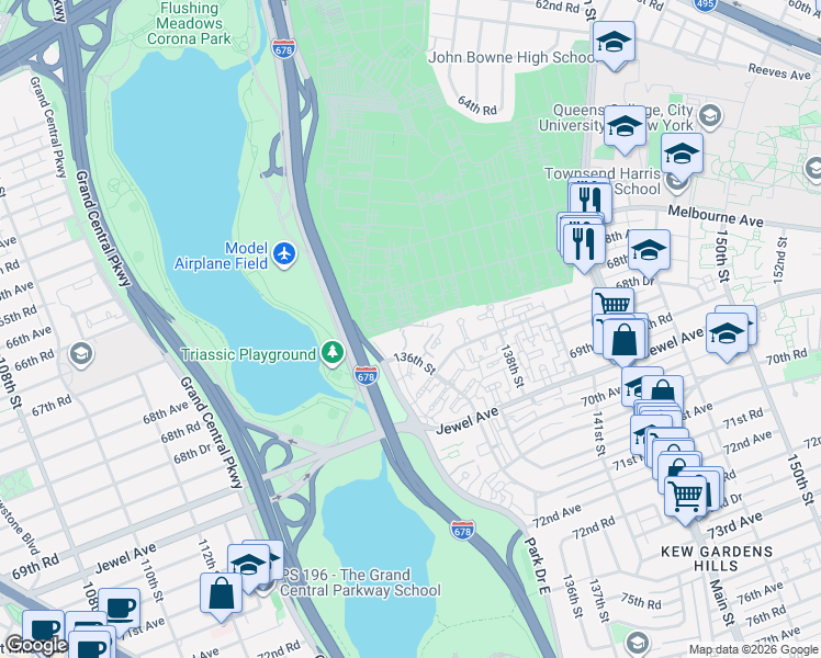 map of restaurants, bars, coffee shops, grocery stores, and more near 67-73 136th Street in Queens