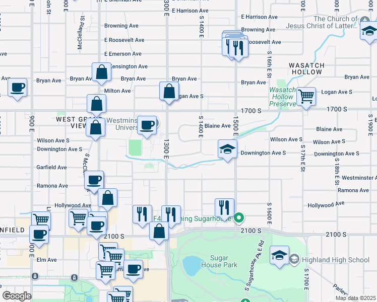 map of restaurants, bars, coffee shops, grocery stores, and more near 1357 Downington Avenue South in Salt Lake City