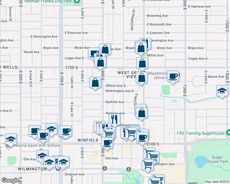 map of restaurants, bars, coffee shops, grocery stores, and more near 1811 Lincoln Street in Salt Lake City
