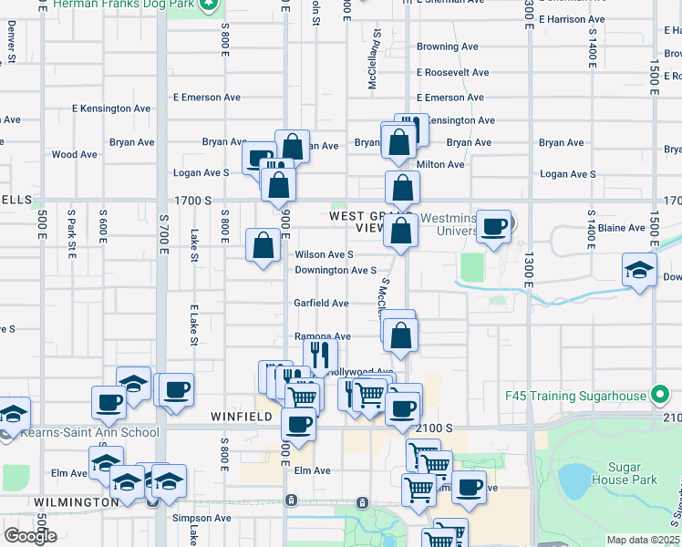 map of restaurants, bars, coffee shops, grocery stores, and more near 1812 South 1000 East in Salt Lake City