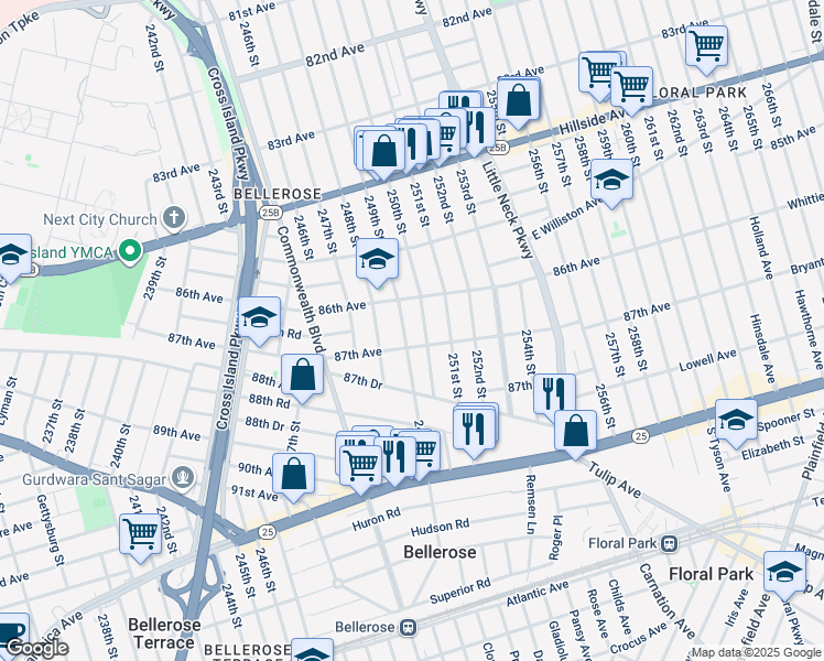 map of restaurants, bars, coffee shops, grocery stores, and more near 86-28 250th Street in Queens