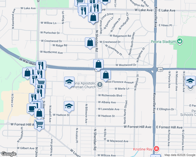 map of restaurants, bars, coffee shops, grocery stores, and more near 623 West Florence Avenue in Peoria