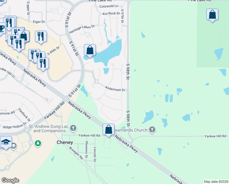 map of restaurants, bars, coffee shops, grocery stores, and more near 9621 Andermatt Drive in Lincoln