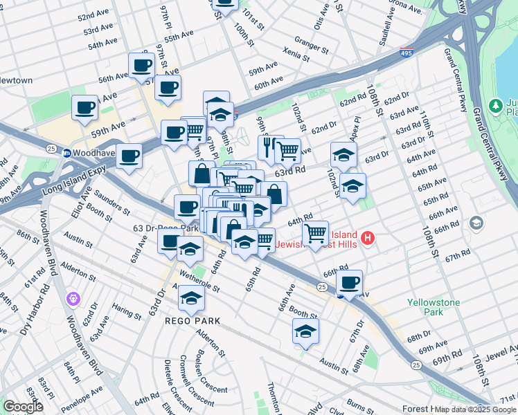 map of restaurants, bars, coffee shops, grocery stores, and more near 98-02 63rd Drive in Queens