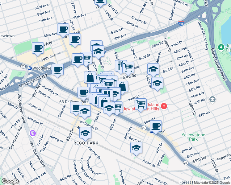 map of restaurants, bars, coffee shops, grocery stores, and more near 98-05 63rd Drive in Queens