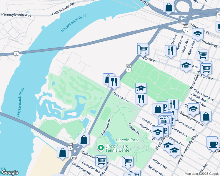 map of restaurants, bars, coffee shops, grocery stores, and more near 368 Duncan Avenue in Jersey City