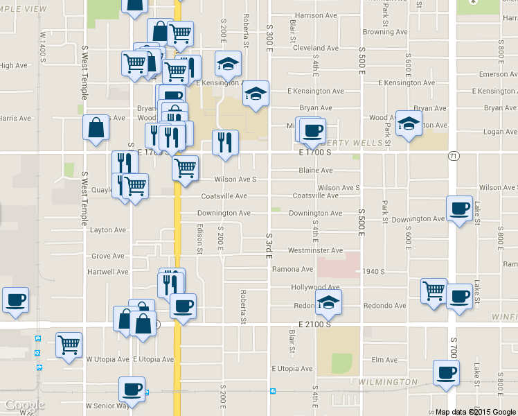 map of restaurants, bars, coffee shops, grocery stores, and more near 275 Downington Avenue South in Salt Lake City