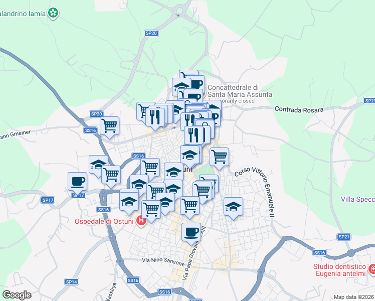 map of restaurants, bars, coffee shops, grocery stores, and more near 13 Via A. Tamborrino in Ostuni