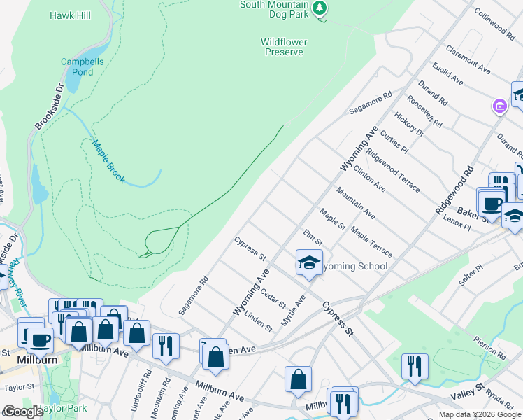 map of restaurants, bars, coffee shops, grocery stores, and more near 132 Sagamore Road in Millburn