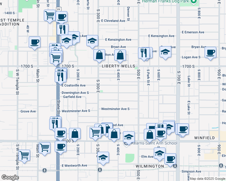 map of restaurants, bars, coffee shops, grocery stores, and more near 363 Downington Avenue South in Salt Lake City