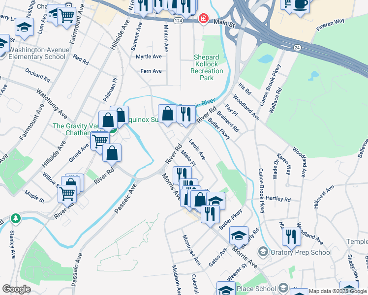 map of restaurants, bars, coffee shops, grocery stores, and more near 55 River Rd in Summit