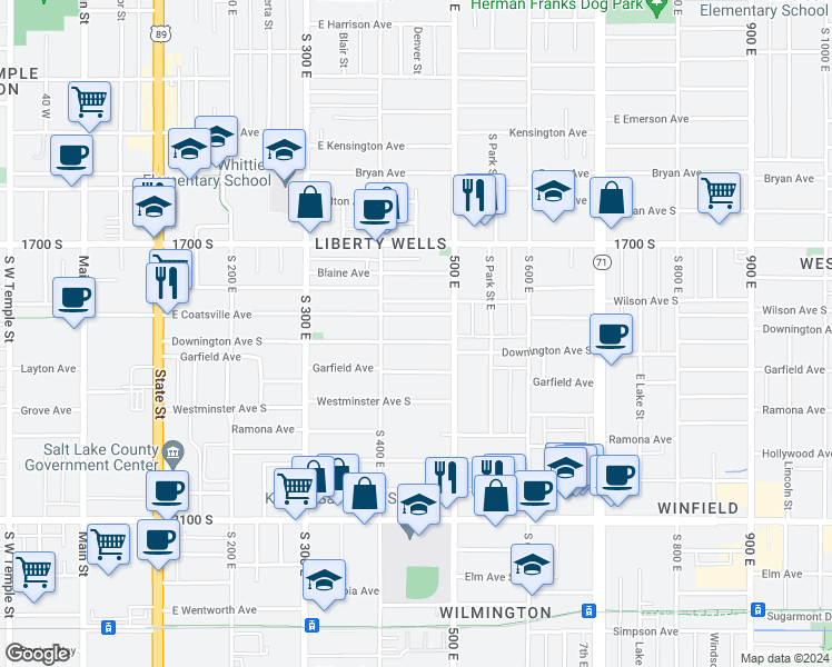 map of restaurants, bars, coffee shops, grocery stores, and more near 419 Downington Avenue South in Salt Lake City