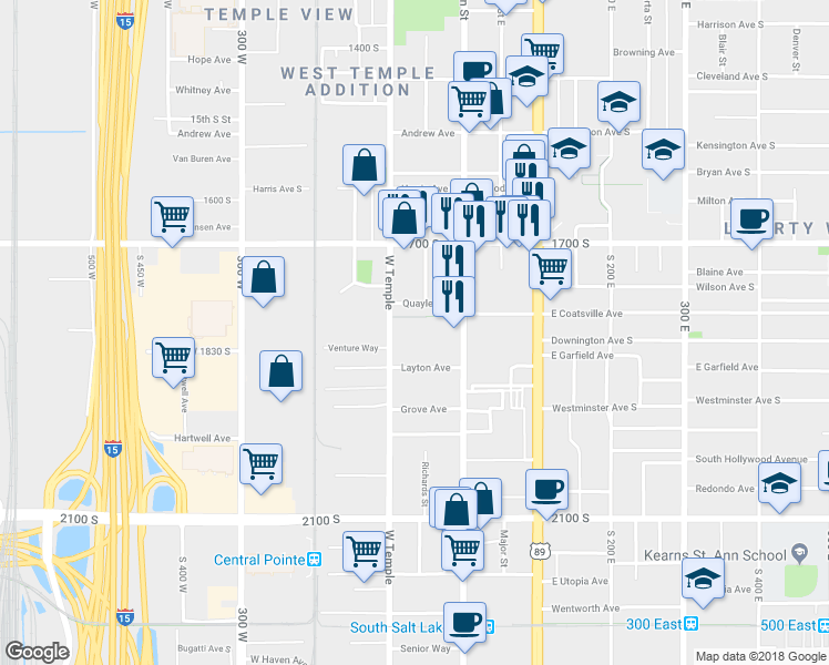 map of restaurants, bars, coffee shops, grocery stores, and more near 39 West Boulevard Gardens in Salt Lake City