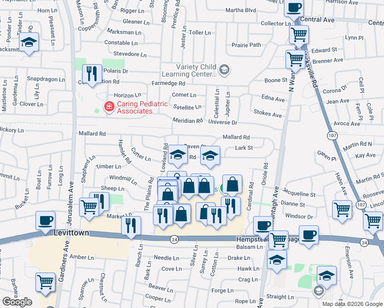 map of restaurants, bars, coffee shops, grocery stores, and more near 3539 Condor Road in Levittown