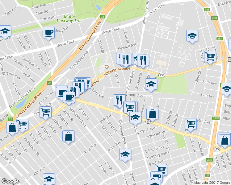 map of restaurants, bars, coffee shops, grocery stores, and more near 230-26 87th Avenue in Queens