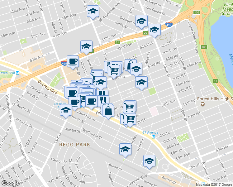 map of restaurants, bars, coffee shops, grocery stores, and more near 9851 64th Avenue in Queens