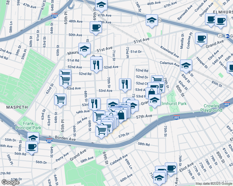 map of restaurants, bars, coffee shops, grocery stores, and more near 70-20 53rd Avenue in Queens