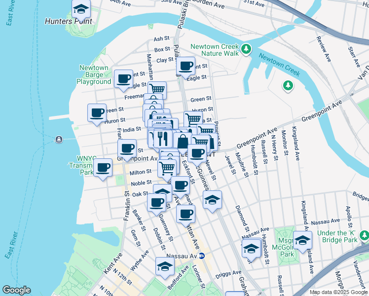 map of restaurants, bars, coffee shops, grocery stores, and more near 178 Greenpoint Avenue in Brooklyn