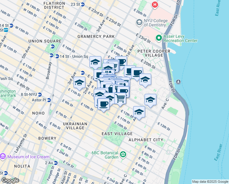 map of restaurants, bars, coffee shops, grocery stores, and more near 419 East 14th Street in New York