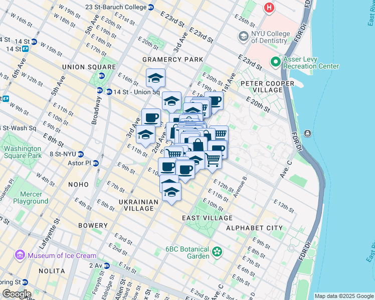 map of restaurants, bars, coffee shops, grocery stores, and more near 347 East 14th Street in New York