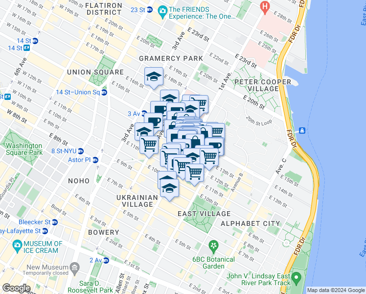 map of restaurants, bars, coffee shops, grocery stores, and more near 347 East 14th Street in New York