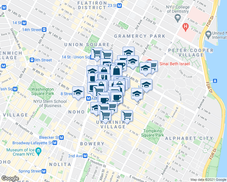 map of restaurants, bars, coffee shops, grocery stores, and more near 225 East 11th Street in New York