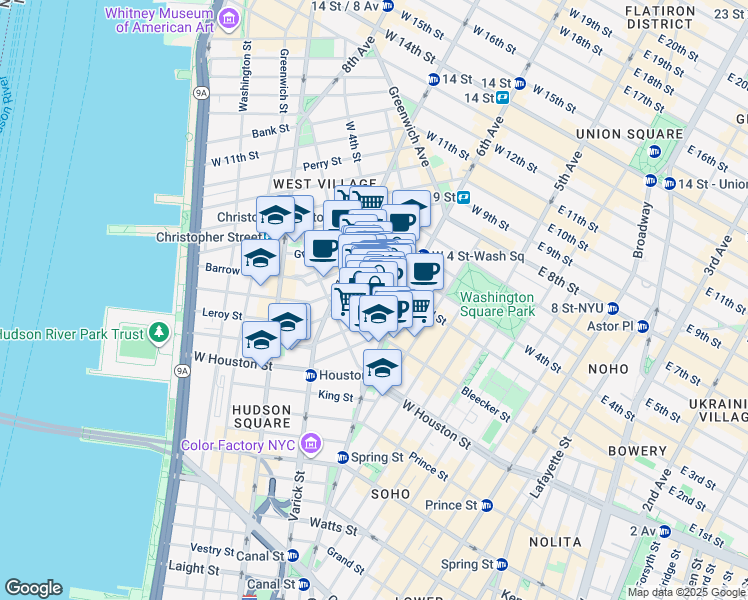 map of restaurants, bars, coffee shops, grocery stores, and more near 249 Bleecker Street in New York