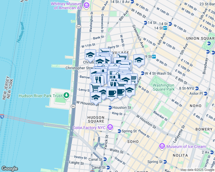 map of restaurants, bars, coffee shops, grocery stores, and more near 51 Morton Street in New York