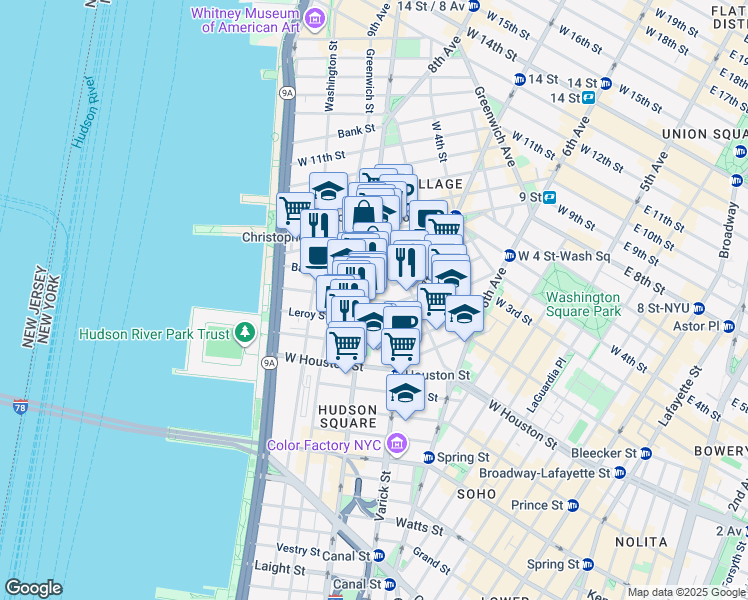 map of restaurants, bars, coffee shops, grocery stores, and more near 69 Morton Street in New York