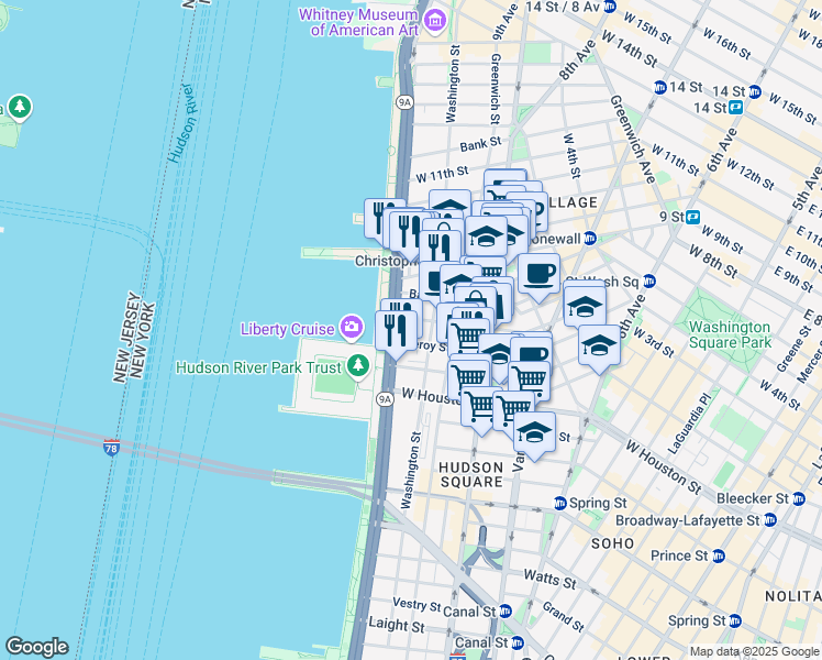 map of restaurants, bars, coffee shops, grocery stores, and more near 100 Morton Street in New York