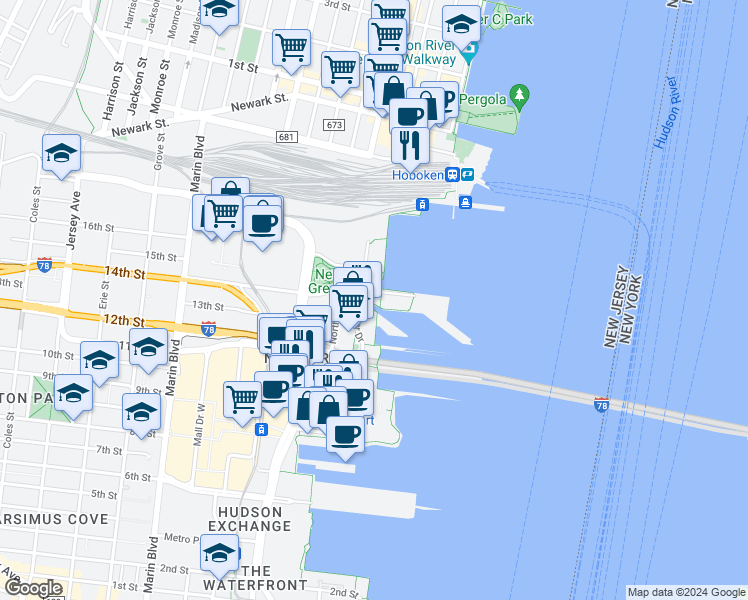 map of restaurants, bars, coffee shops, grocery stores, and more near 45 Park Lane South in Jersey City