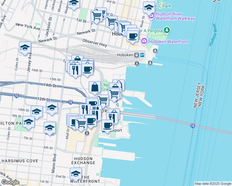 map of restaurants, bars, coffee shops, grocery stores, and more near 36 North Street in Jersey City