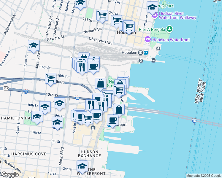 map of restaurants, bars, coffee shops, grocery stores, and more near 610 Washington Boulevard in Jersey City