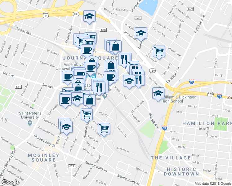 map of restaurants, bars, coffee shops, grocery stores, and more near 121 Magnolia Avenue in Jersey City