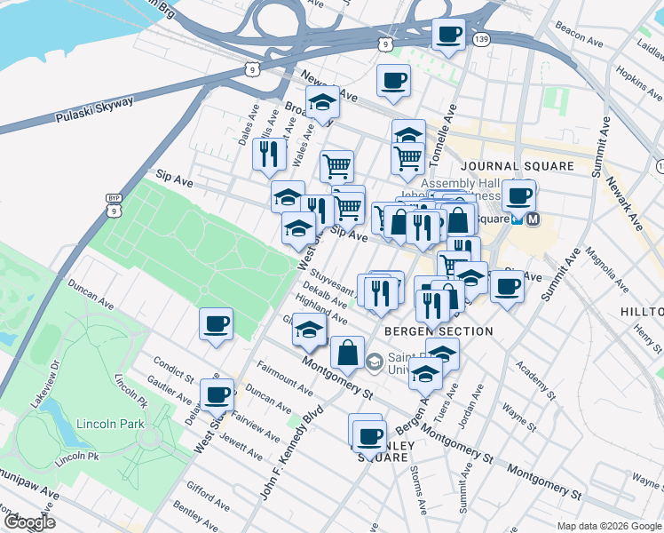 map of restaurants, bars, coffee shops, grocery stores, and more near 21 Van Wagenen Avenue in Jersey City
