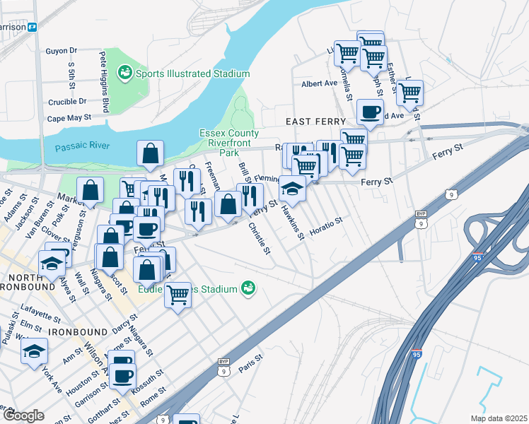 map of restaurants, bars, coffee shops, grocery stores, and more near 467 Ferry Street in Newark