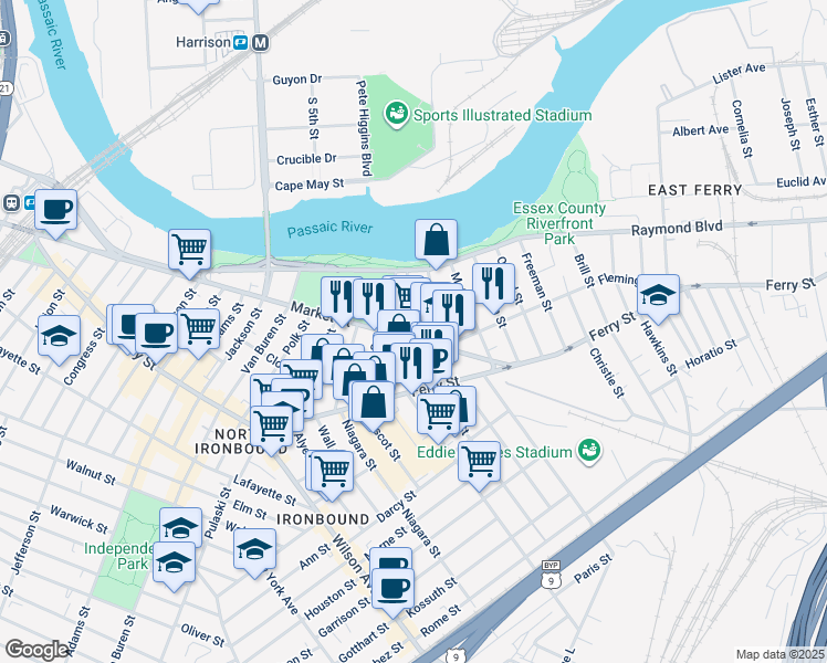 map of restaurants, bars, coffee shops, grocery stores, and more near 48 Fillmore Street in Newark