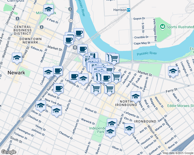 map of restaurants, bars, coffee shops, grocery stores, and more near 89 Ferry Street in Newark