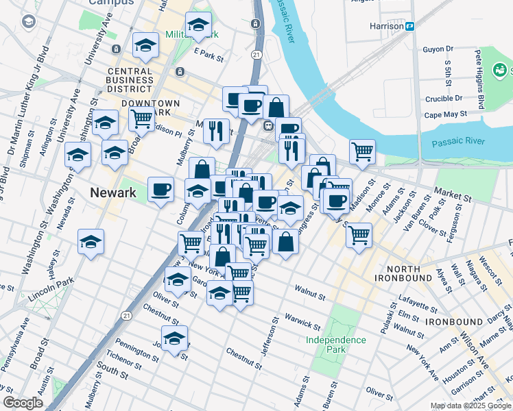 map of restaurants, bars, coffee shops, grocery stores, and more near 58 Bruen Street in Newark
