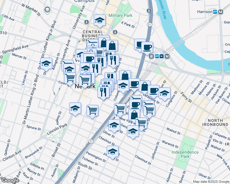 map of restaurants, bars, coffee shops, grocery stores, and more near 59 Columbia Street in Newark