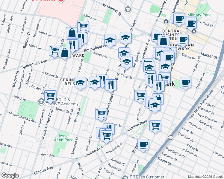 map of restaurants, bars, coffee shops, grocery stores, and more near in Newark