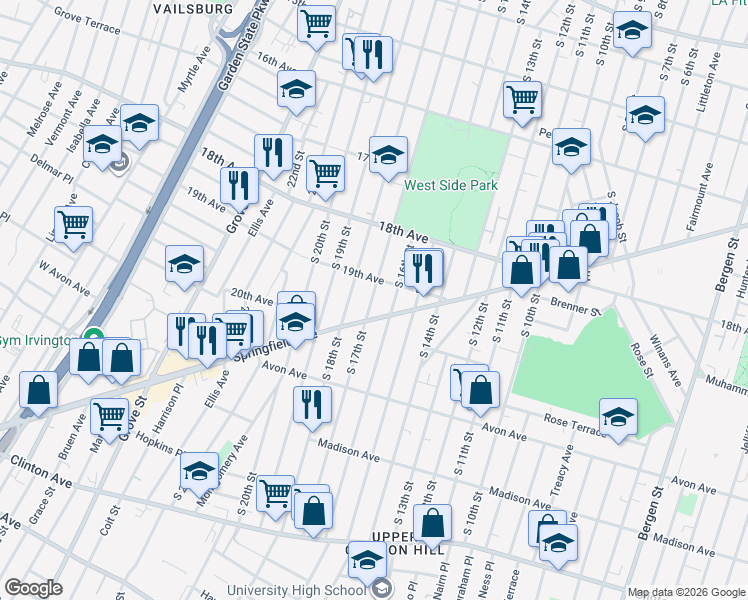 map of restaurants, bars, coffee shops, grocery stores, and more near 714 South 17th Street in Newark