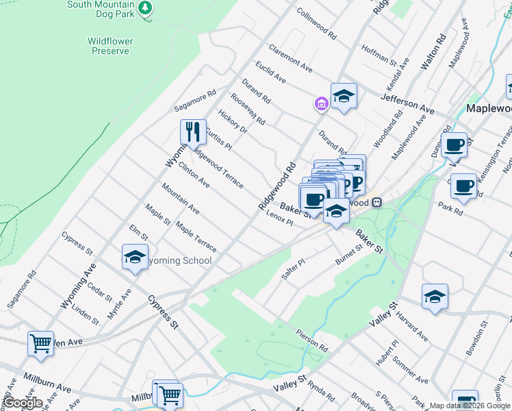 map of restaurants, bars, coffee shops, grocery stores, and more near 4 Ridgewood Terrace in Maplewood