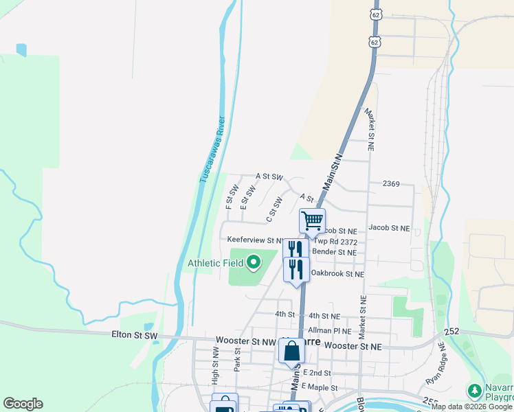 map of restaurants, bars, coffee shops, grocery stores, and more near 173 D Street Southwest in Navarre
