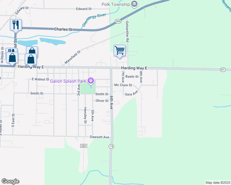 map of restaurants, bars, coffee shops, grocery stores, and more near 1387 Mcclure Street in Galion