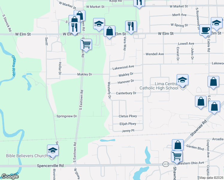 map of restaurants, bars, coffee shops, grocery stores, and more near 839 Westerly Drive in Lima