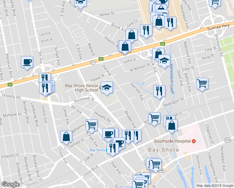 map of restaurants, bars, coffee shops, grocery stores, and more near 57 Rhodes Avenue in Bay Shore