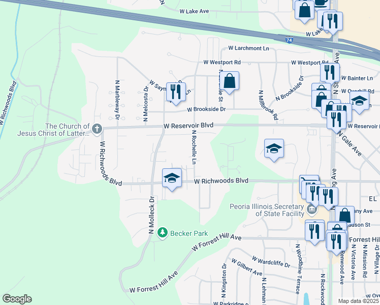 map of restaurants, bars, coffee shops, grocery stores, and more near 3535 North Rochelle Lane in Peoria
